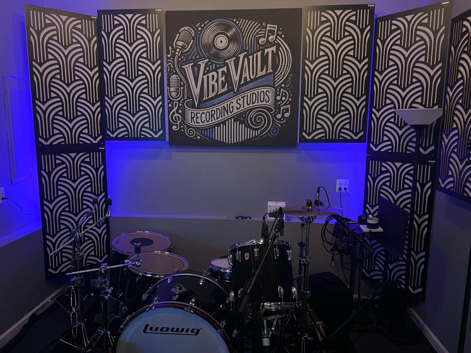 Live room and drum tracking space at Vibe Vault Studios in Connecticut